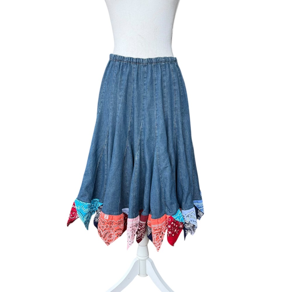 For‎ Joseph Denim Bandana Patchwork Midi Skirt Blue Western Boho Large